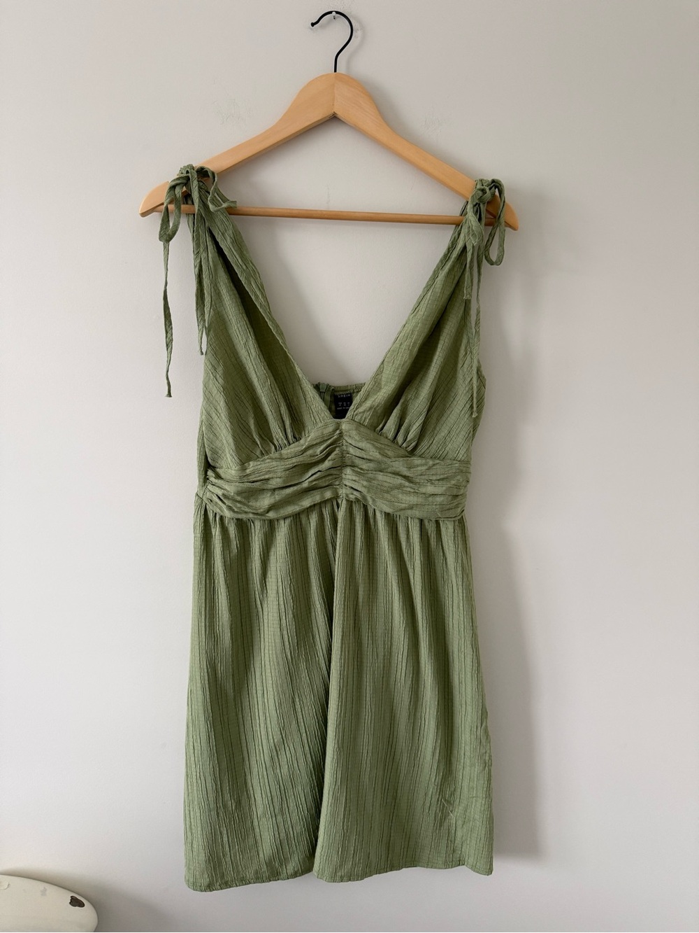 Green Tie-Shoulder Textured Mini Dress